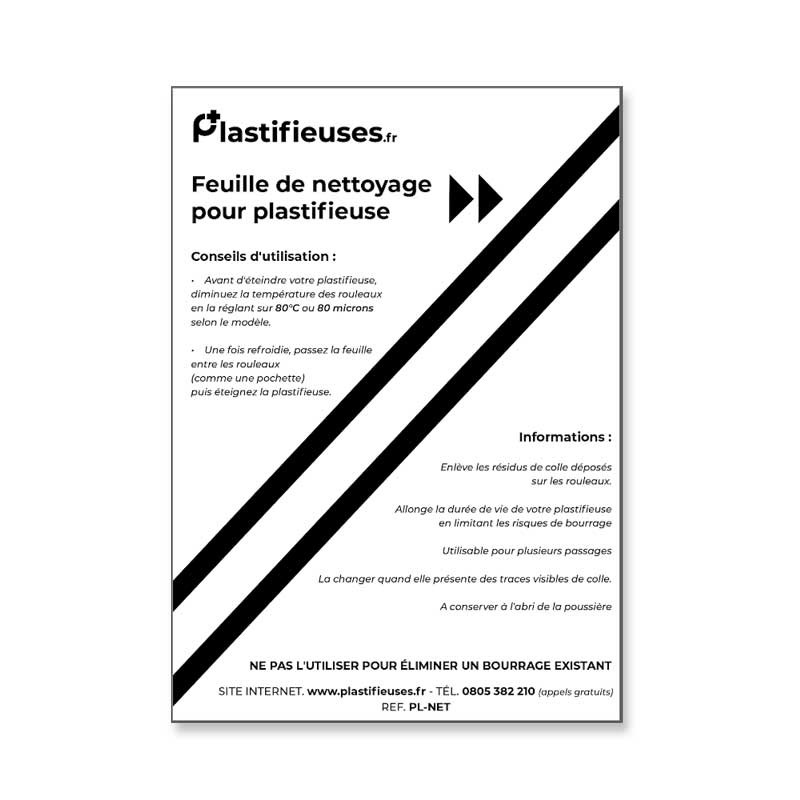 Feuille de nettoyage pour plastifieuse Fellowes A4 - Lot de 10