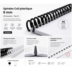 100 Spirales Coil plastique 6 mm 46 boucles - Pas de perforation 4:1