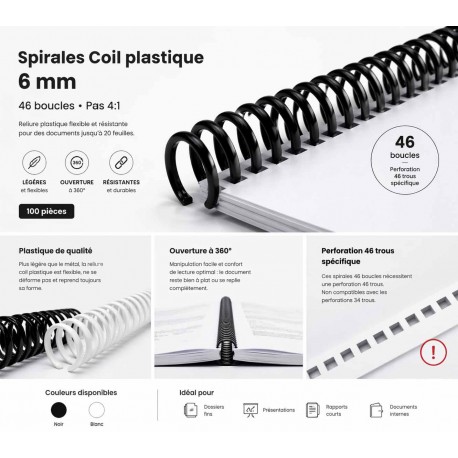 100 Spirales Coil plastique 6 mm 46 boucles - Pas de perforation 4:1