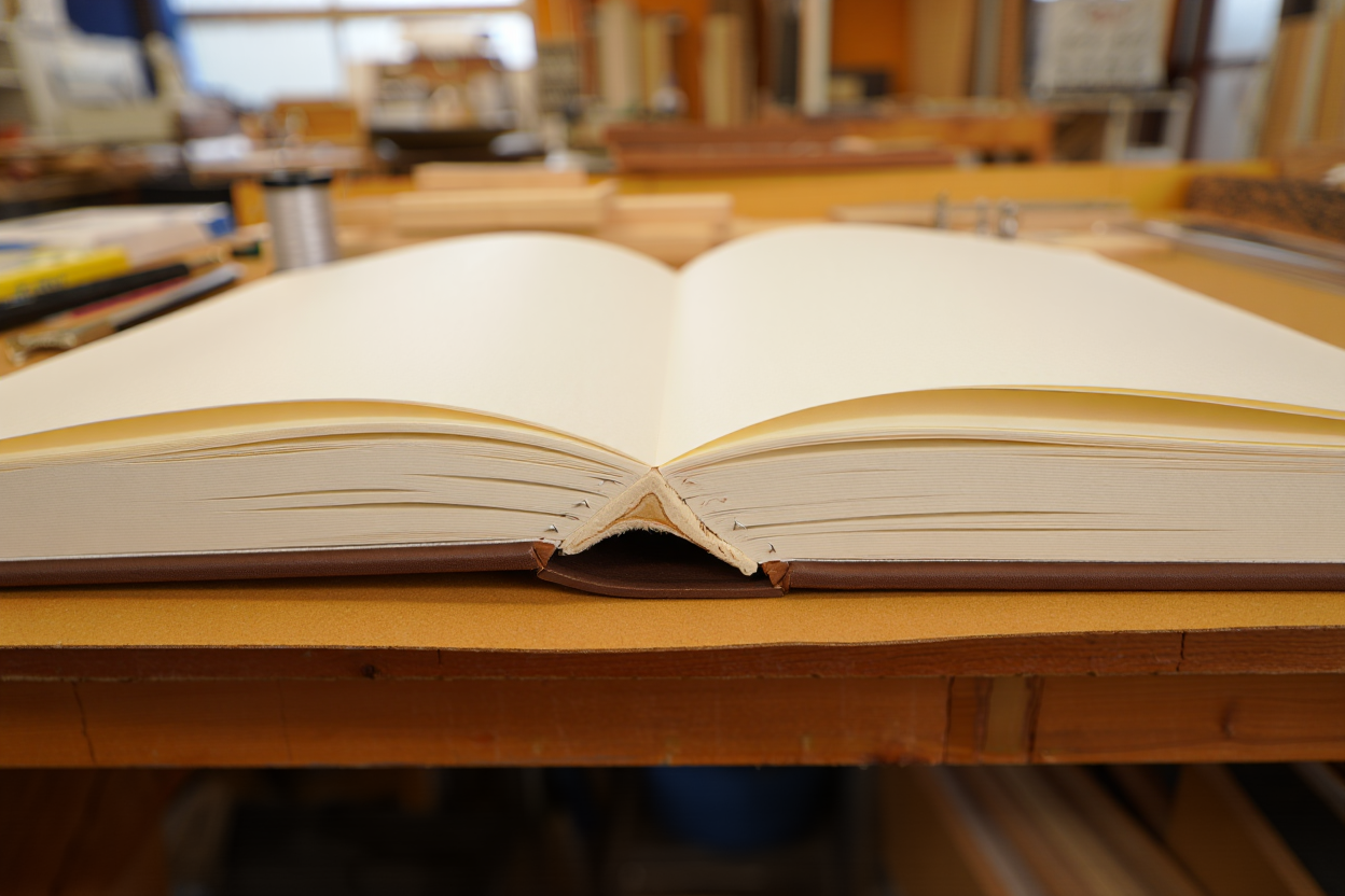 Livre en dos cousu ouvert à plat